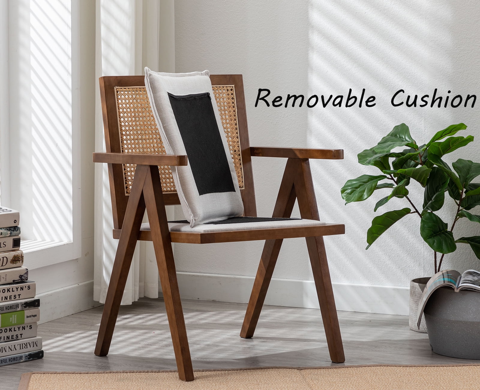 Guyou Modern Rattan Dining Chair Set of 2, Mid-century French Farmhouse Upholstered Solid Wood Armchair Reading Chair, Retro Accent Chair with Woven Back and Walnut Base, Beige Fabric