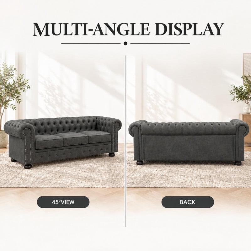 Anpport 81" Rolled Arm Chesterfield Sofa, Faux Leather 3 Seater Couch, Button Tufted, Nailhead Trim & Solid Wood Legs for Living Room & Office, Dark Grey