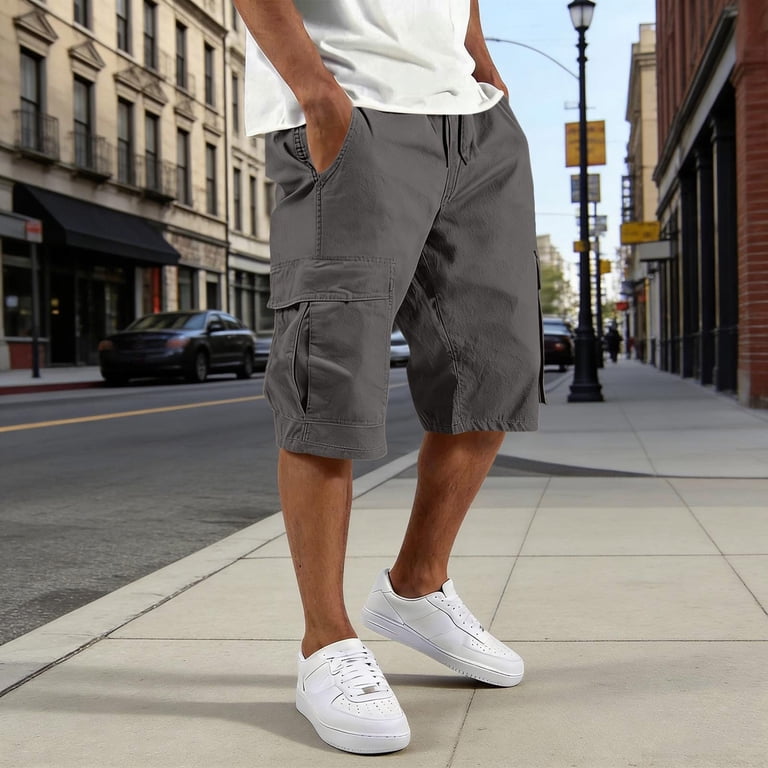 dress cargo shorts mens Men Khaki Shorts Summer Shorts Men Stylish Casual Elastic Waist Cargo Short Multi Pockets Summer Work Utility Shorts 9" Inseam Workout Shorts for Men Gym 7 Inch Khaki M at Amazon Men's