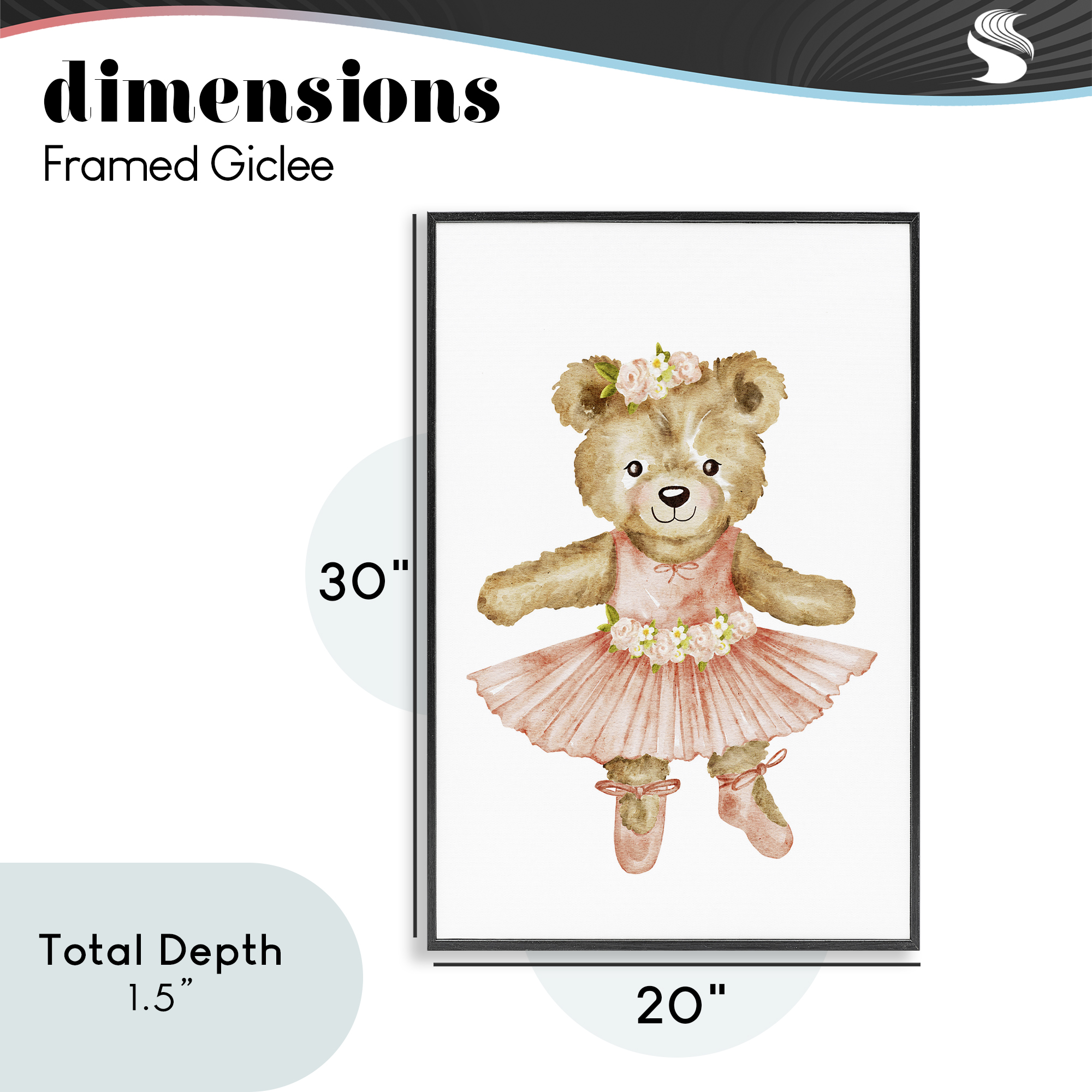 Floral Ballerina Teddy Bear Black Framed Giclee Art, design by Amy Hall