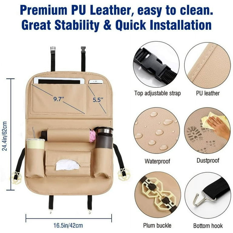 PU Leather Car Seat Organizer with Foldable Table Tray Backseat Car  Organizer For Babies Toys Storage Biege 