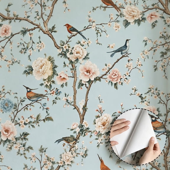 Vintage Chinoiserie Bird Floral Wallpaper Rustic Boho Peel and Stick Waterproof Wallpaper Wall Decor for Living Room Bedroom Dorm Room Bathroom Kitchen Cabinet 17.7*78.7 in