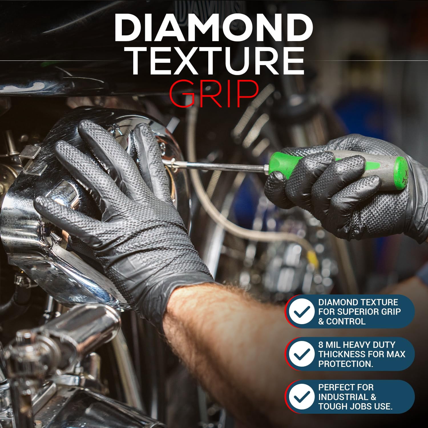 First Glove 8 Mil Heavy Duty Black Nitrile Gloves - Medium - Ct 1000 Raised Diamond Textured Grip - Industrial Disposable Gloves for Mechanic, Automotive & Work - Latex Free, Powder Free, Extra Thick