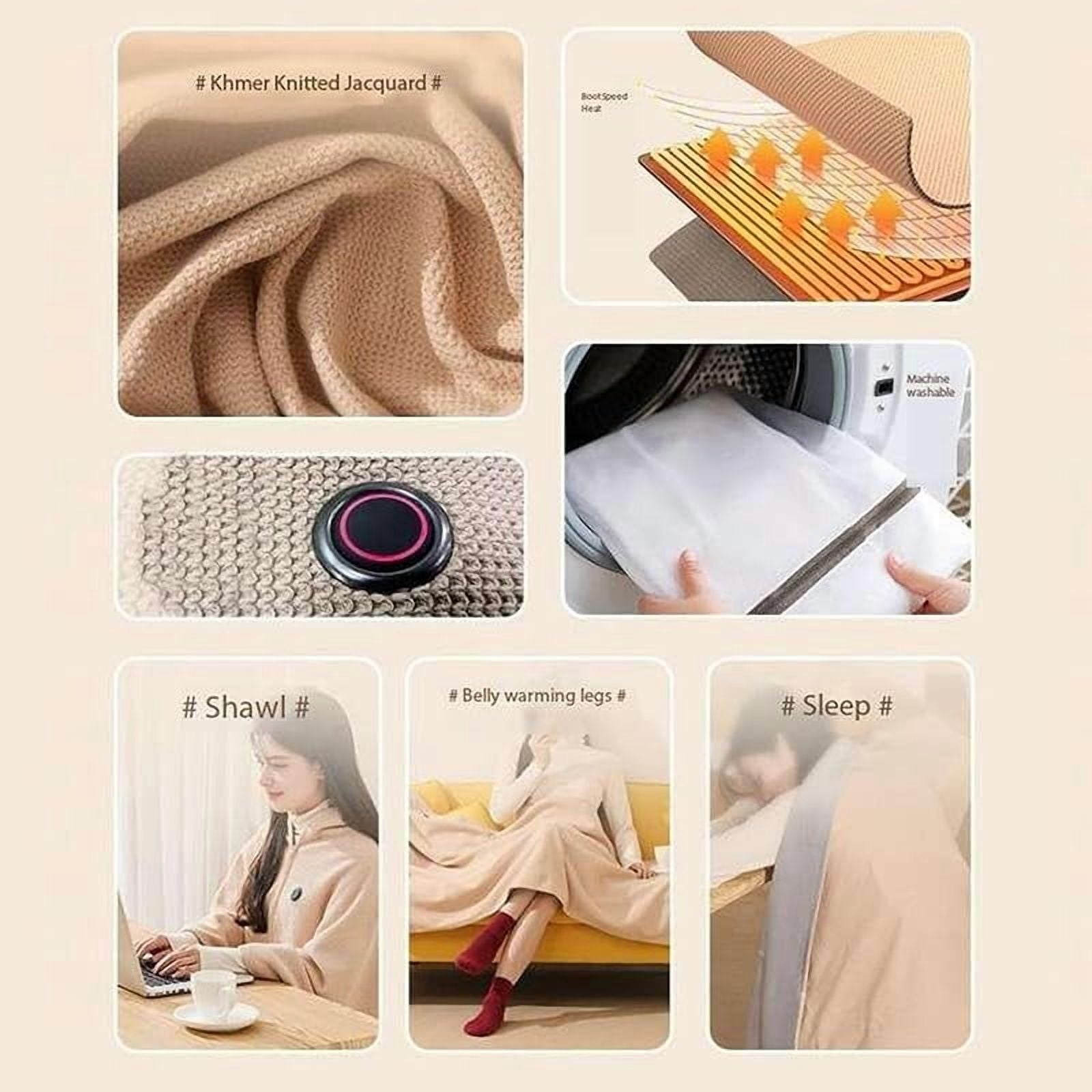 Portable Heated Shawl,Heated Shawl Wraps for Women,Soft Cordless Electric Heated Blanket with Zipper, 3 Heating Levels Soft Zipper Electric Heated Blanket Shawl, USB Powered (Beige)