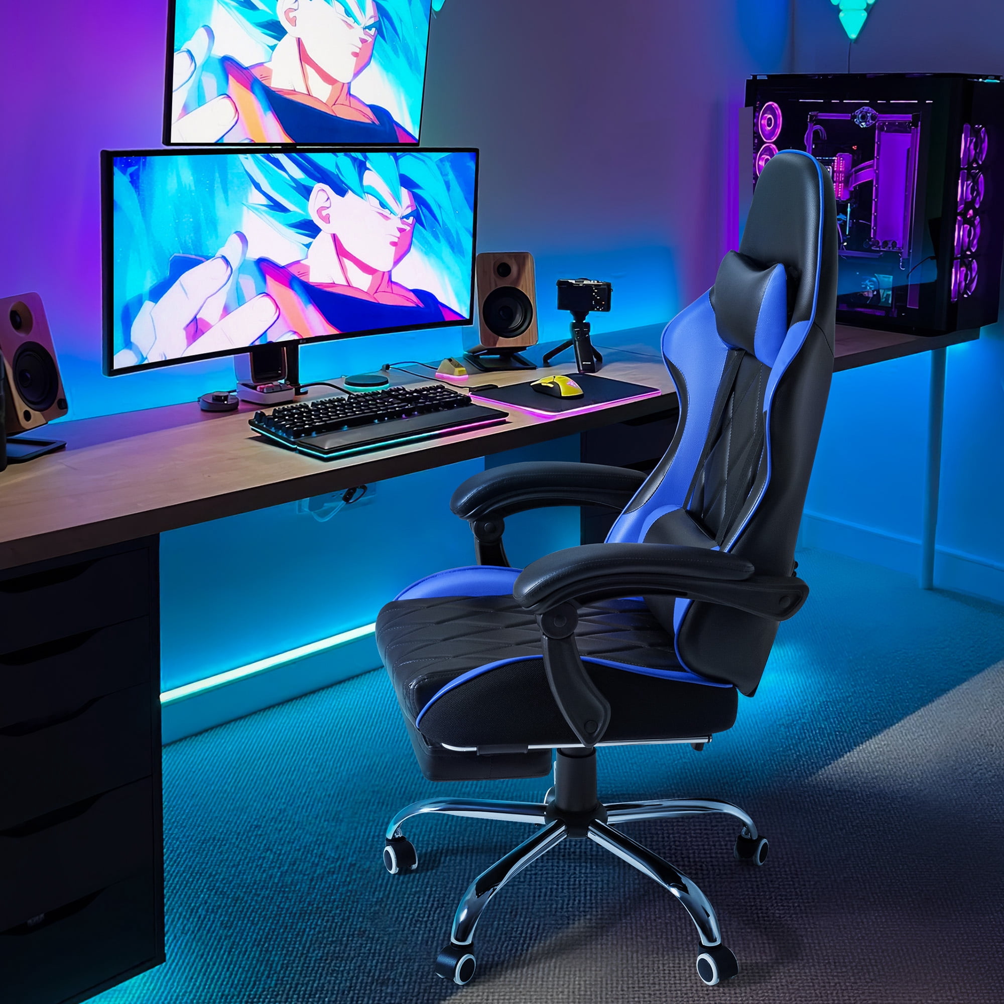 Homall Gaming Chair Massage Office Chair Computer Racing Chair High Back PU Leather Chair with Footrest, Blue