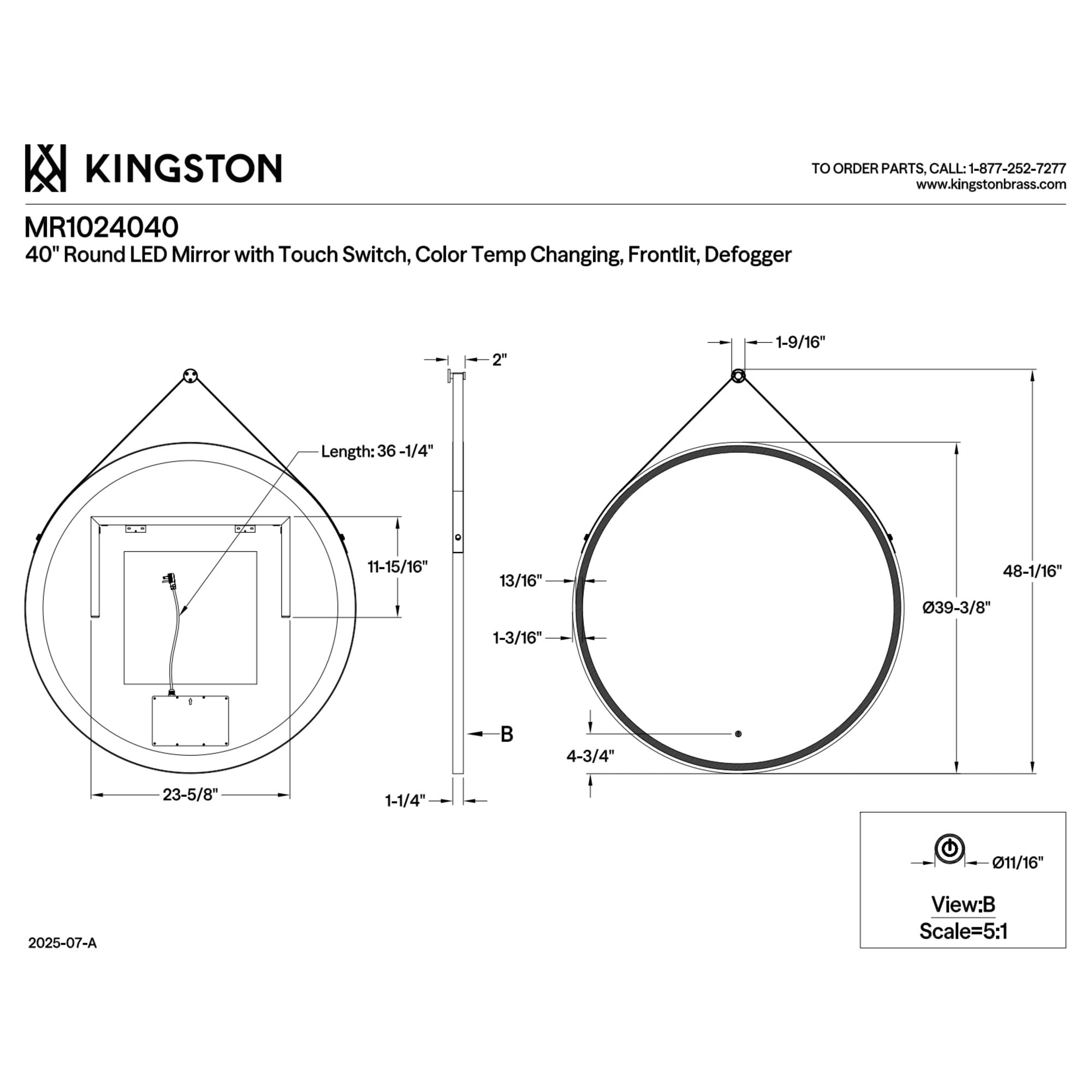 Kingston Brass MR1024040 Aurora 40-Inch Round LED Bathroom Mirror, Front Light, Anti-Fog, Dimmable Touch Sensor Lighted Mirror in Silver/Matte Black