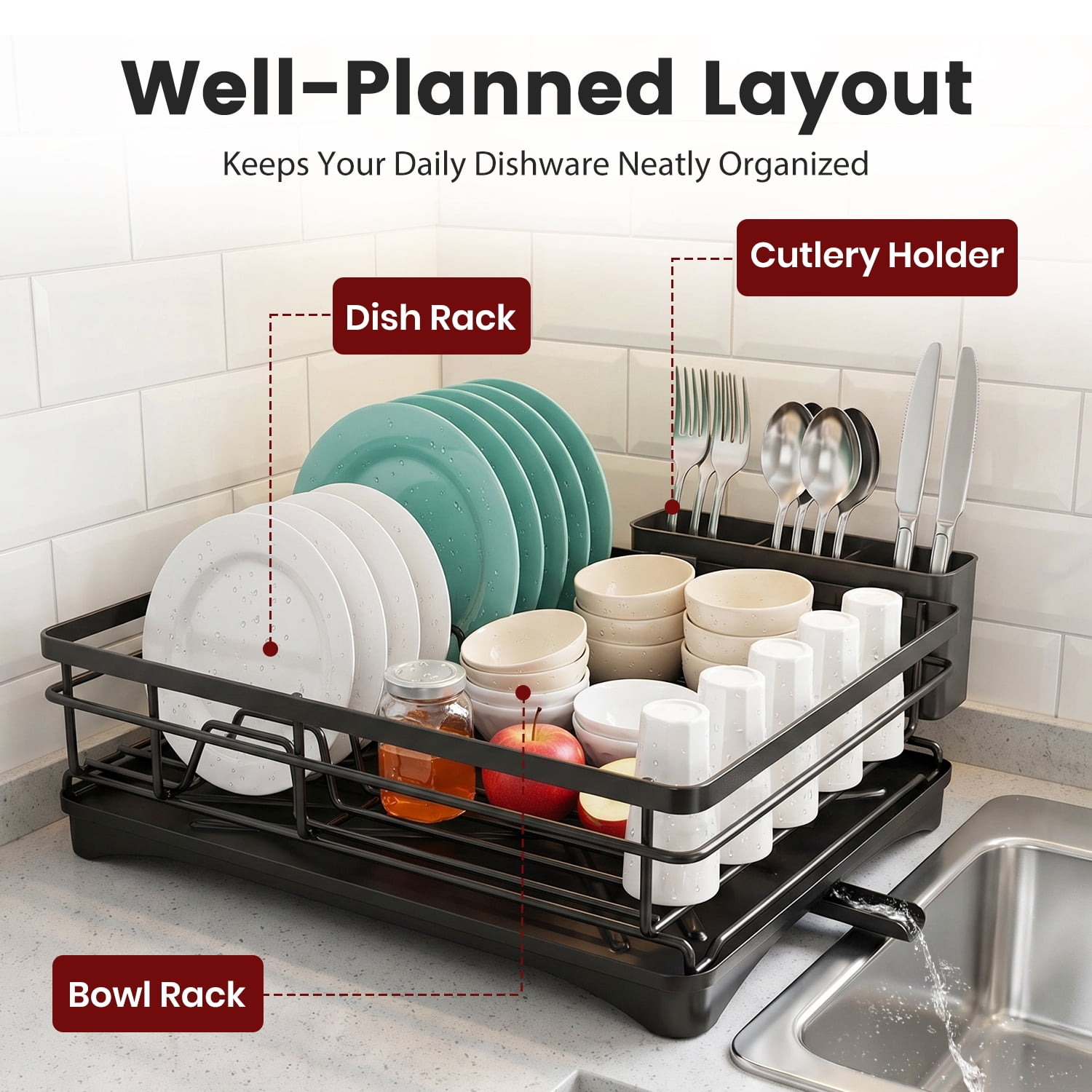 Armorget Dish Drying Rack, Kitchen Counter Dish Racks with Utersil Holder, with Adjustable Water Outlet, Dish Drainers (18.7L×12.01W×7.09H)in Black