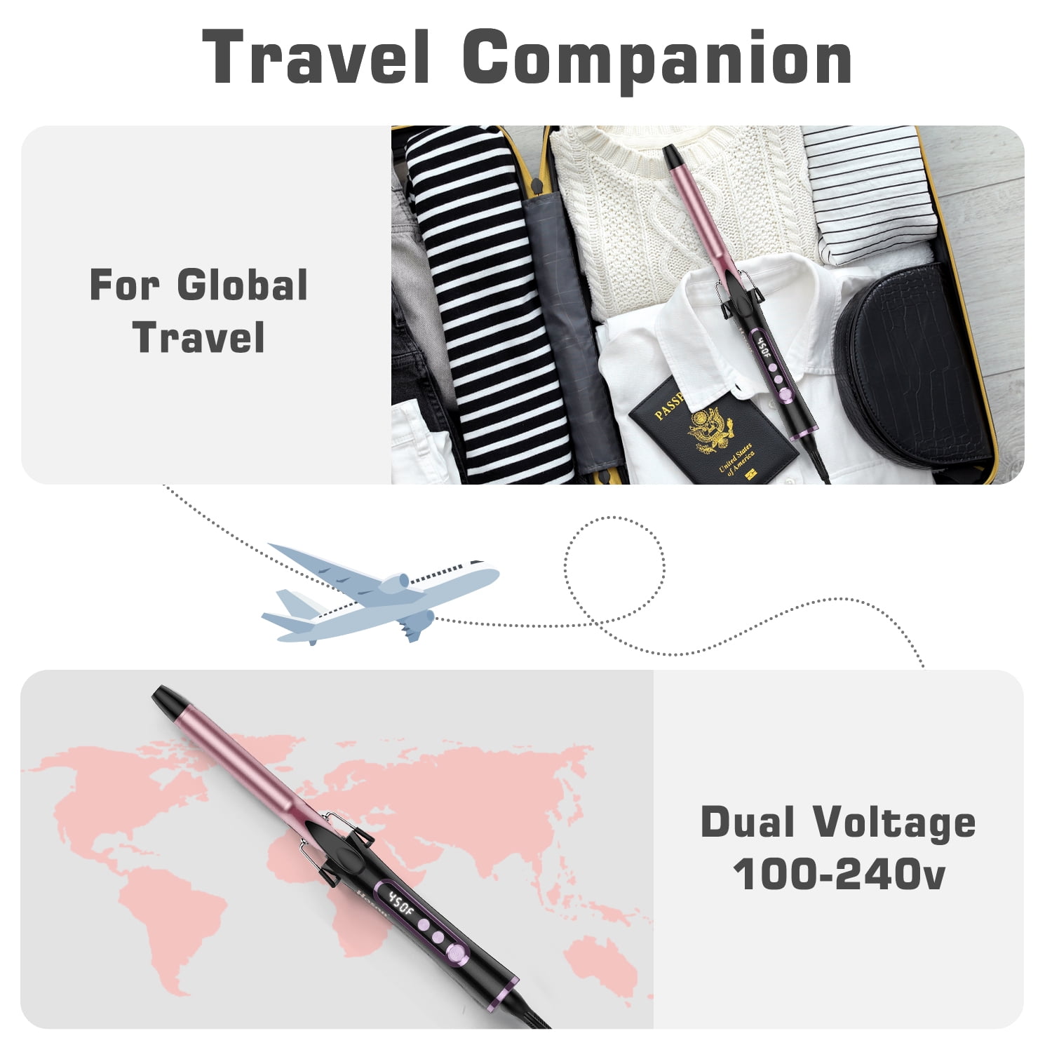 3/4 Inch Curling Iron for Short Hair, Dual Voltage Hair Curling Iron Ceramic,Professiona Curling Wand Tourmaline(Rose Gold)