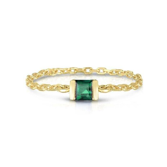 HeartsAndYou 0.15ct Natural Green Emerald Solitaire Chain Ring 100% 14k SOLID Yellow Gold