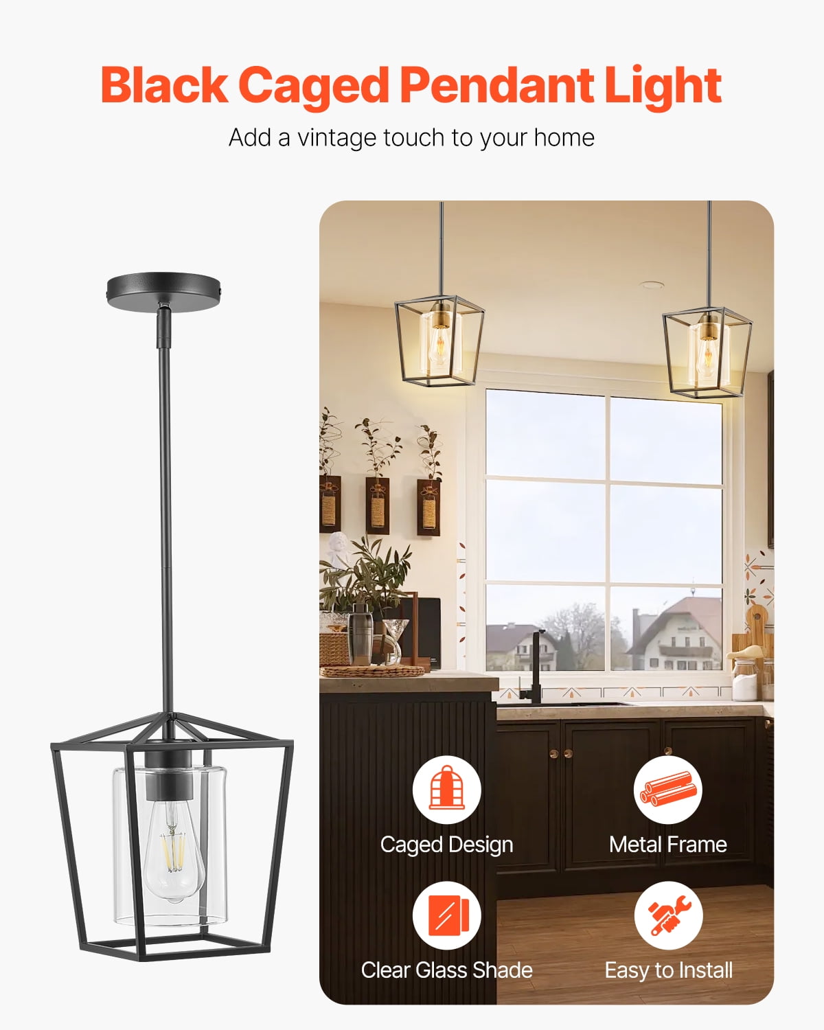 VEVOR 1-Light Black Pendant Light, 1 Pack, Farmhouse Iron Cage Metal Pendant Lighting with Clear Glass Shade, Adjustable Height Hanging Ceiling Lighting for Bedroom, Hallway, Entryway, Kitchen