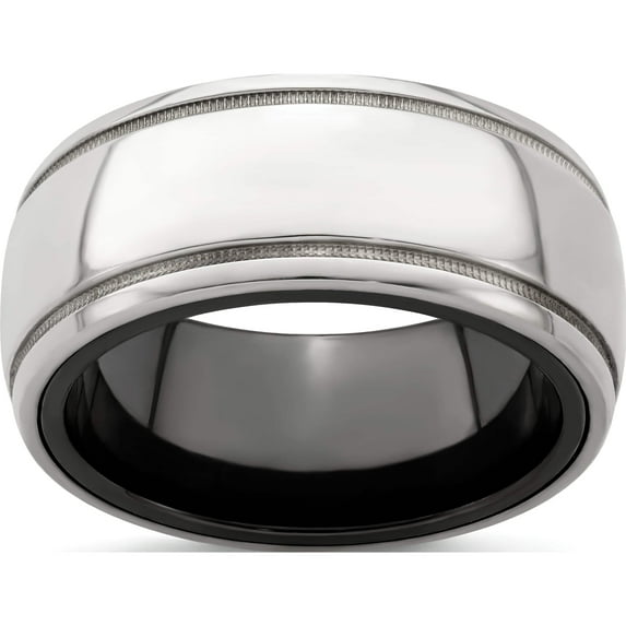 Black Ti & Sterling Silver Polished Domed Milgrain Ring