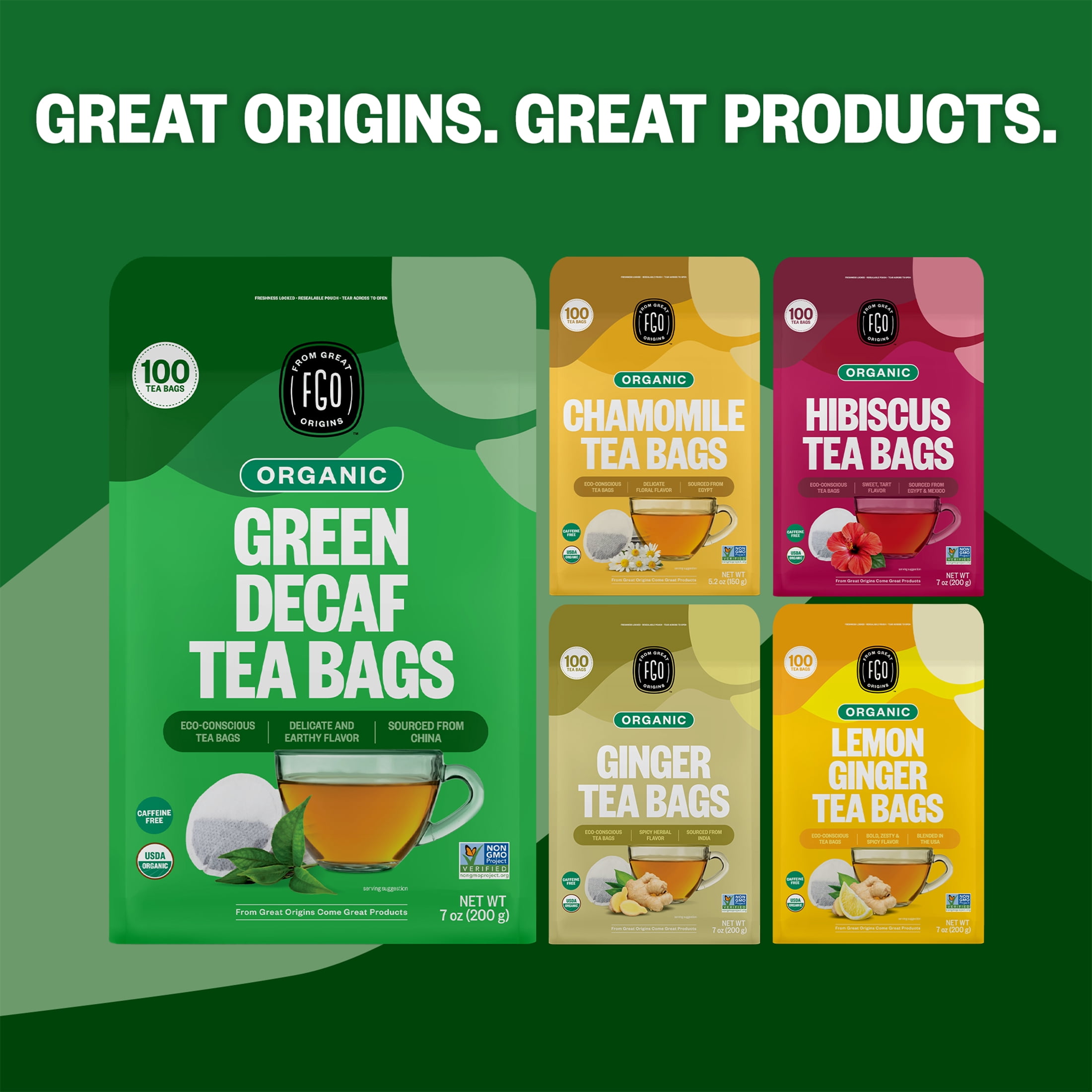 FGO Green Decaf Tea, Organic, Eco-Conscious Tea Bags (100 Count)