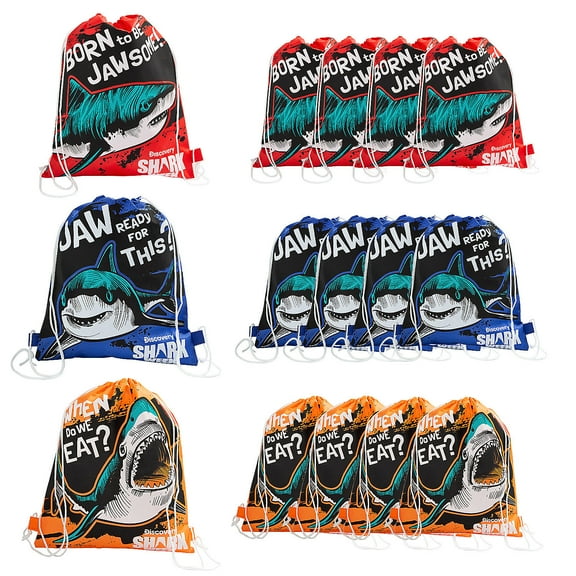 12" x 15" Medium Nonwoven Discovery Shark Week Drawstring Bags - 12 Pieces