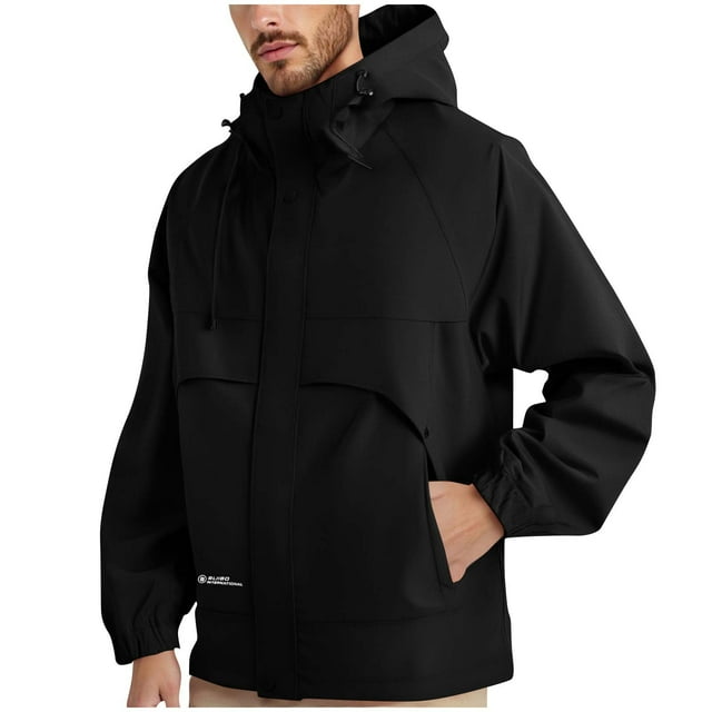 Dvprdro Jackets for Men Man Solid Color Windproof Water Prooft Zipper Pocket Drawstring Hooded Outdoor Jacket Coat