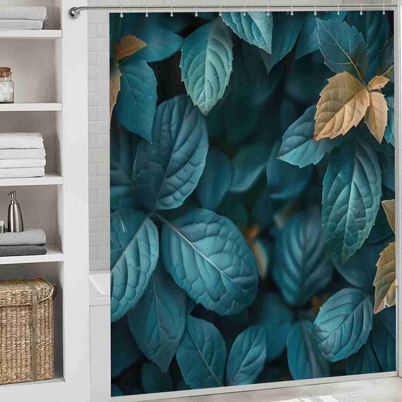 70x70 inch Teal and Gold Tropical Leaves Shower Curtain, Waterproof Polyester Fabric with Hooks for Bathroom Decor