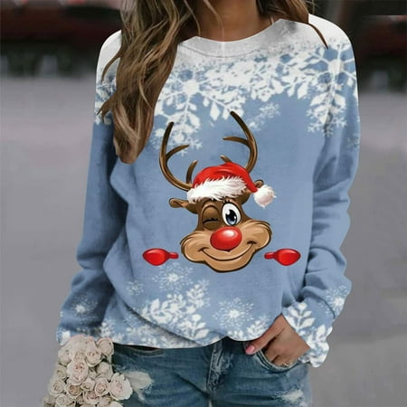 amidoa Womens Xmas Cute Reindeer Crewneck Tops Graphic Long Sleeve Pullover Sweatshirt Xmas Vacation Slouchy Winter Clothes