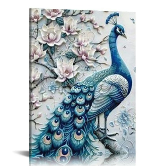 Acheng Peacock Wall Art Jasmine Flower Butterfly Canvas Blue and White Theme Picture Prints Vintage Elegant Proud Animal Wall Decor Framed for Living Room Bedroom 12x16 in