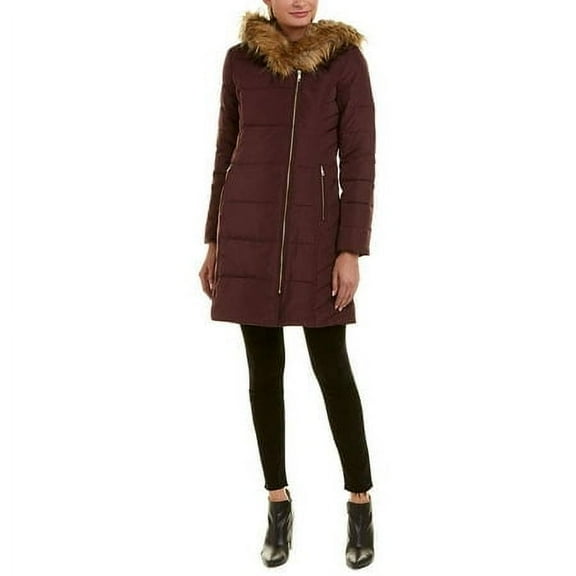Cole Haan Women's Taffeta Quilted Down Coat with Hood, Merlot, Small