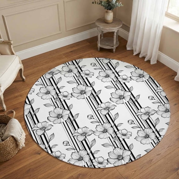 Gray Flower Stripes 3FT Round Area Rug Botanical Black Flower Heads Leaf Vines Small Round Rugs Non-Slip, Ultra-Thin Washable Rug Low Pile Circle Carpet for Bedroom Kitchen Nursery