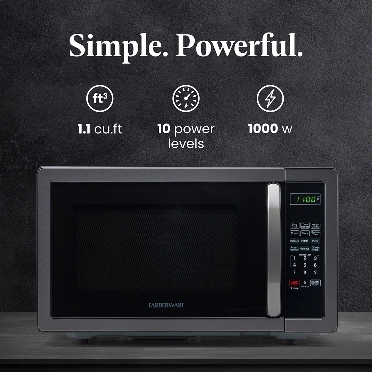 Farberware 1.1 cu ft Microwave Oven, 1000W Countertop Microwave Oven with LED Display, Black/Stainless Steel