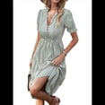 thumbnail image 3 of Vestido de Verano para Mujer, con Mangas Abullonadas y Volantes, Cuello en V, Cintura Alta, Informal, Holgado, A Rayas, Midi Verde L, 3 of 9
