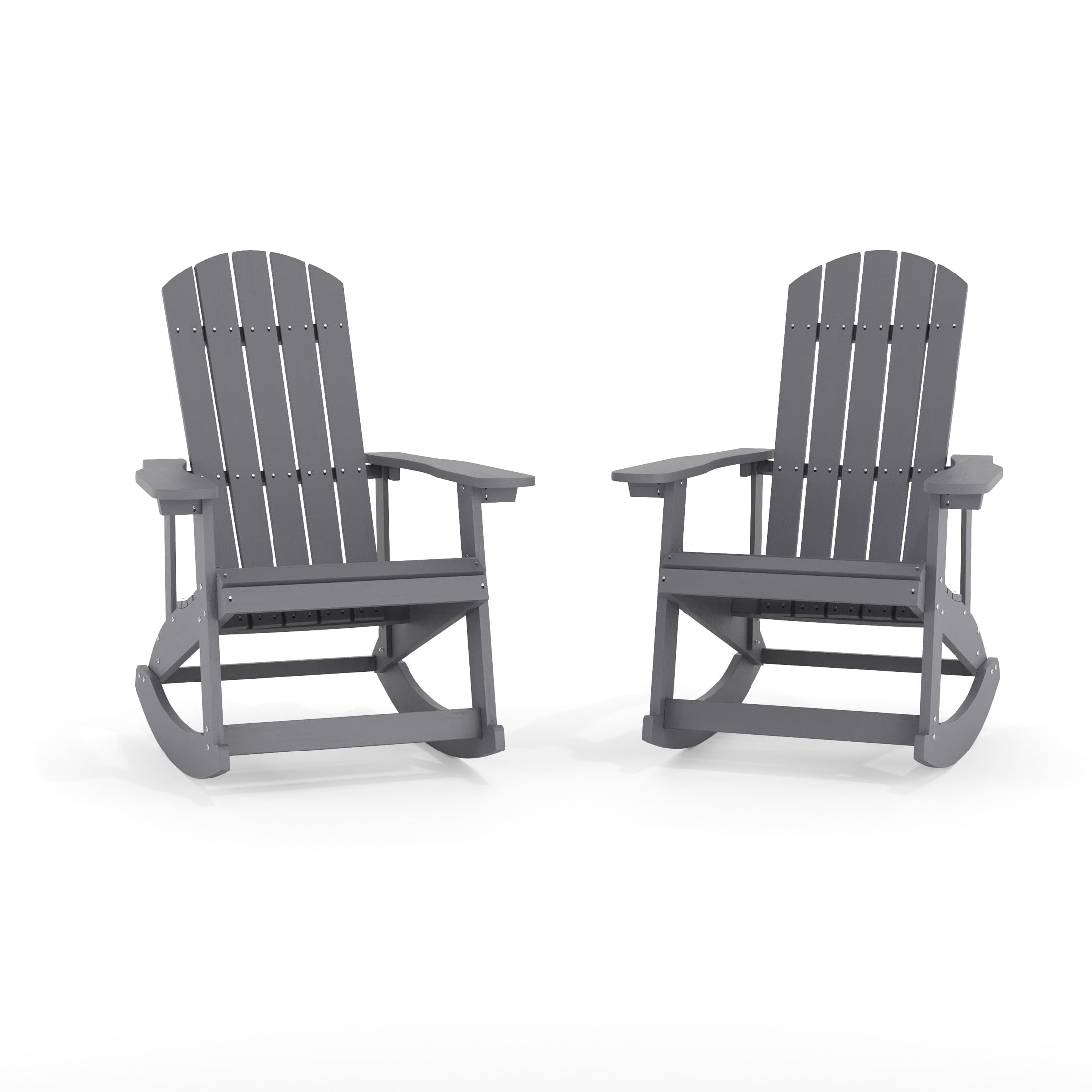 Emma + Oliver Set of 2 Classic All-Weather Poly Resin Rocking Adirondack Chairs in Gray with Stainless Steel Hardware for Year Round Use