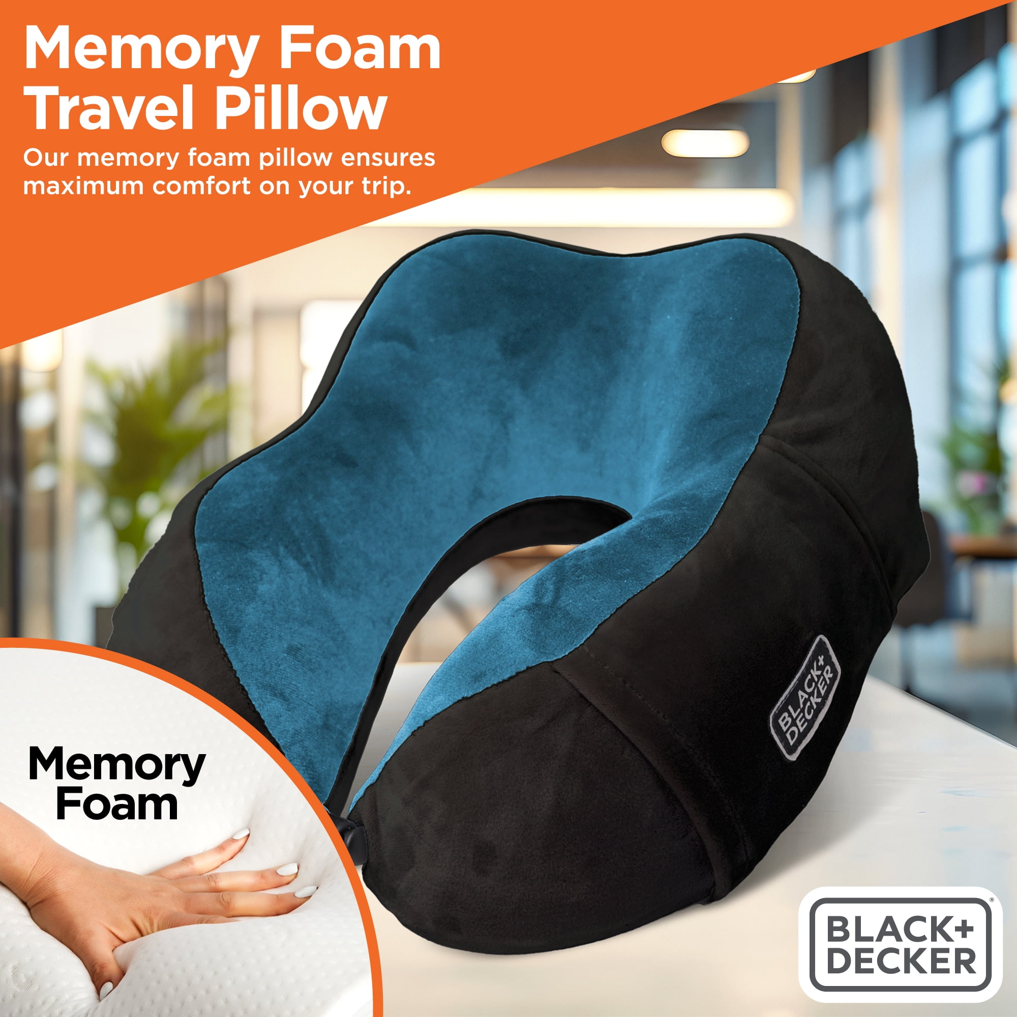 BLACK+DECKER Memory Foam Neck Pillow with Phone Pocket, Ergonomic Travel Pillow, Blue