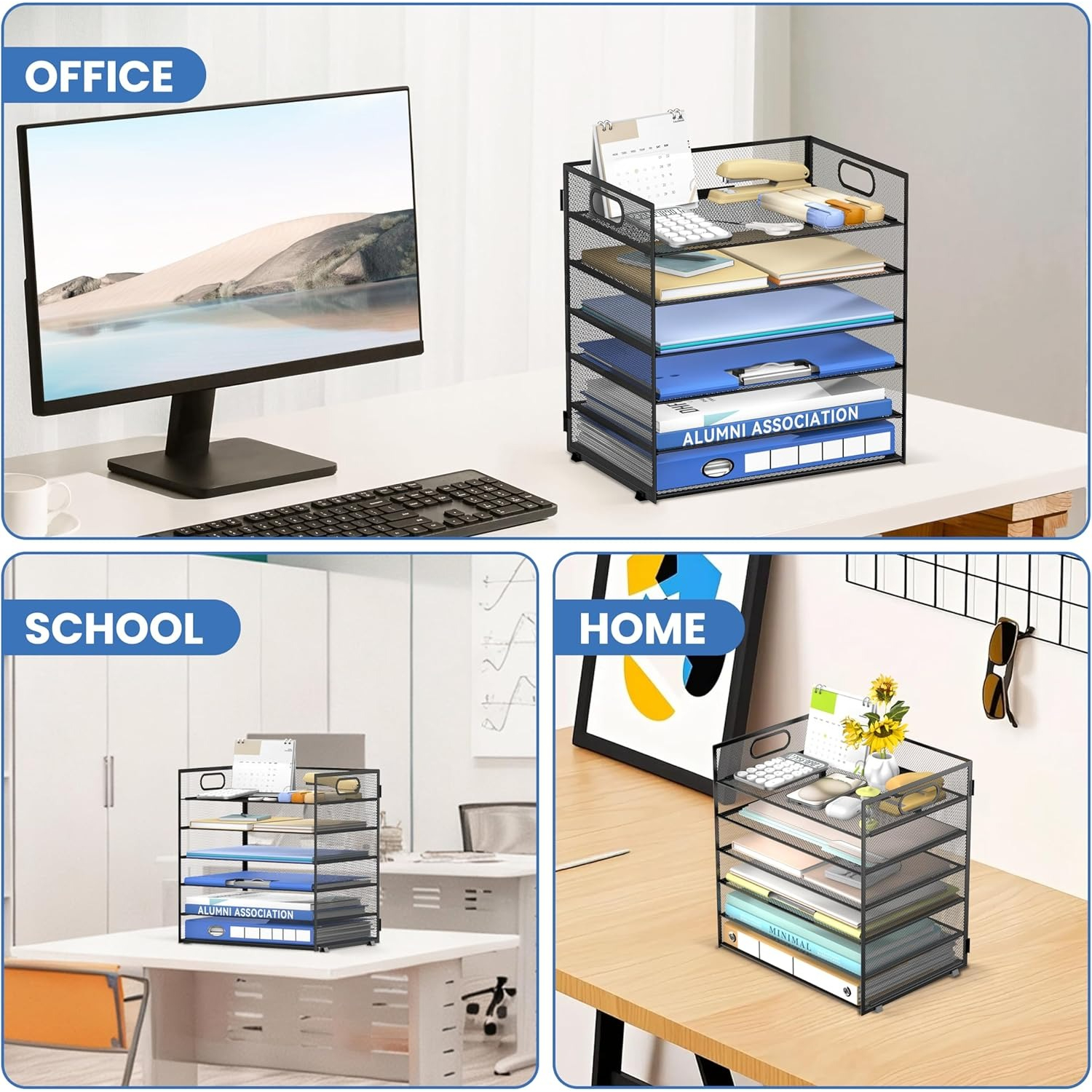INTIGE 6 Tier Paper Organizer for Desk, Paper Letter Tray, Metal Mesh Desktop File Organizers with Handle for Office/Home