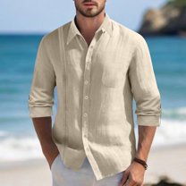 asjyhkr Mens Linen Shirts Long Sleeve Button down Crew Neck Shirts Lightweight Casual Beach Hiking Vacation Tops