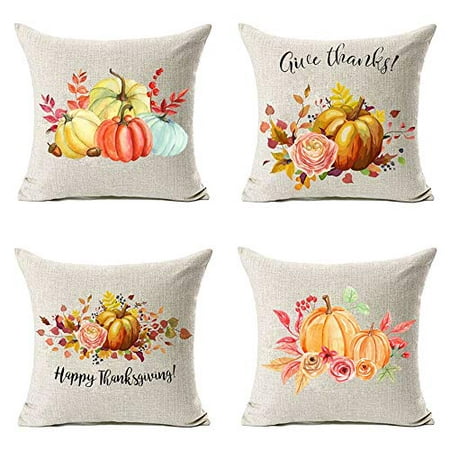 SUFAM Set of 4 Pillow Cases Fall Flowers Pumpkin Leaves Thanksgiving Ations Autumn Yellow Throw Pillowcase Cover Cushion Case Home Decor 16x16 inch