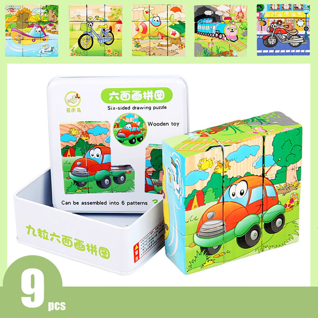 9pcs/set Wooden Cube Block Jigsaw Vehicles Puzzle Toys for Preschool Kids
