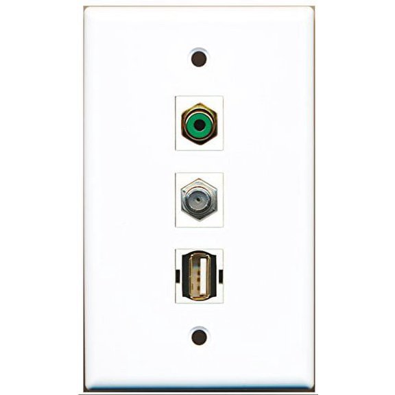 RiteAV - 1 Port RCA Green and 1 Port Coax Cable TV- F-Type and 1 Port USB A-A Wall Plate