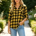 thumbnail image 2 of Lenpel Long Sleeve Shirts for Women Fall Plaid Collared Button down Shirts with Pockets Fashion Curved Hem Tops(Yellow,X-Large), 2 of 7