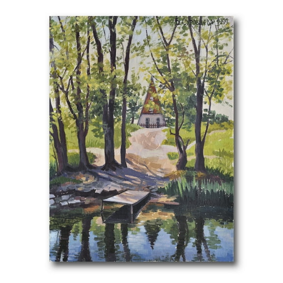 Designart ' Mysterious Countryside House By The River In The Woods ' Lake House Canvas Wall Art Print