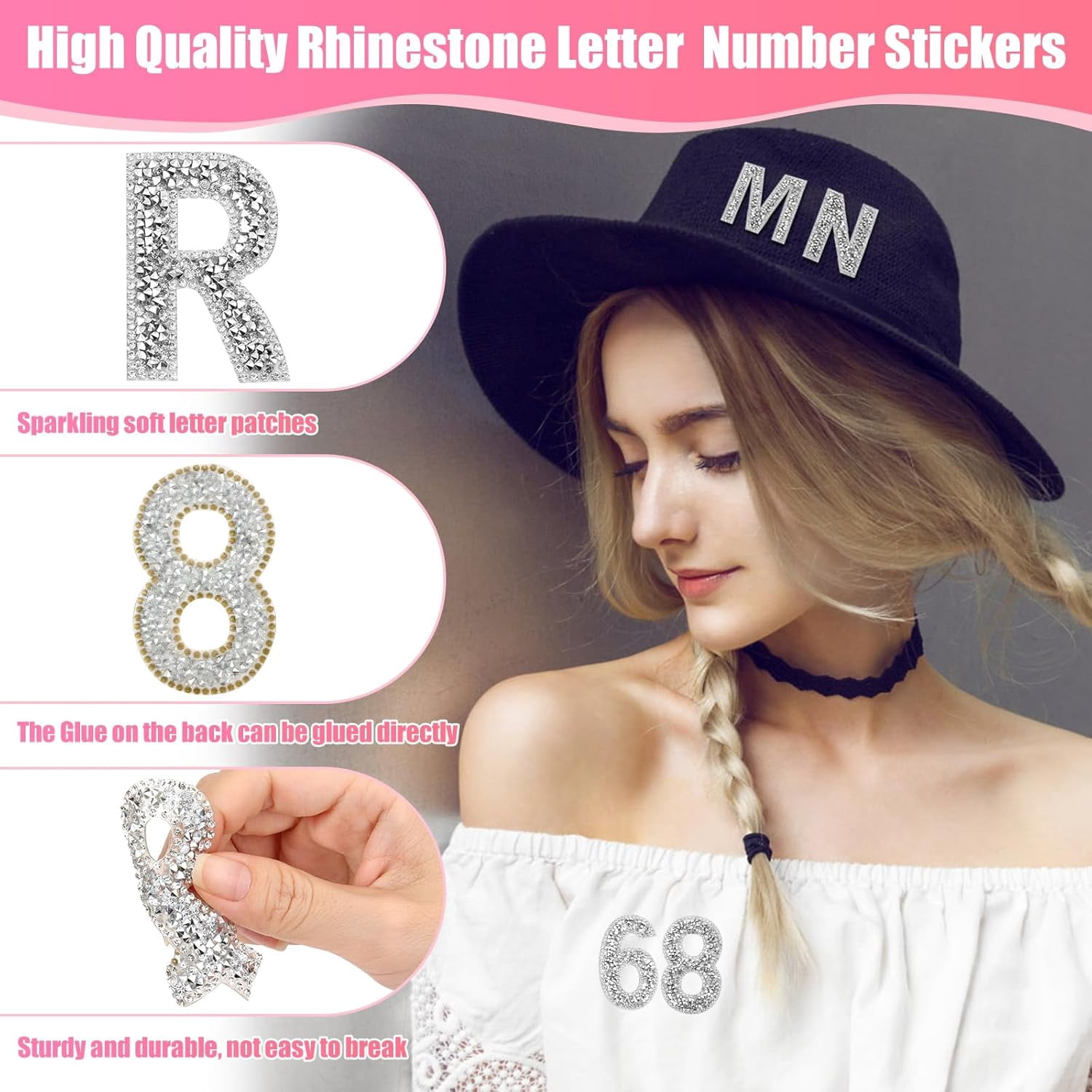 76 PCS Rhinestone Letter Stickers, 2.4 Inch Silver Glitter Alphabet Sticker with Sewing Kits, Self Adhesive A-Z & 0-9 Letter Number Stickers for DIY Arts and Crafts Decor, Clothes, Bags, Hats