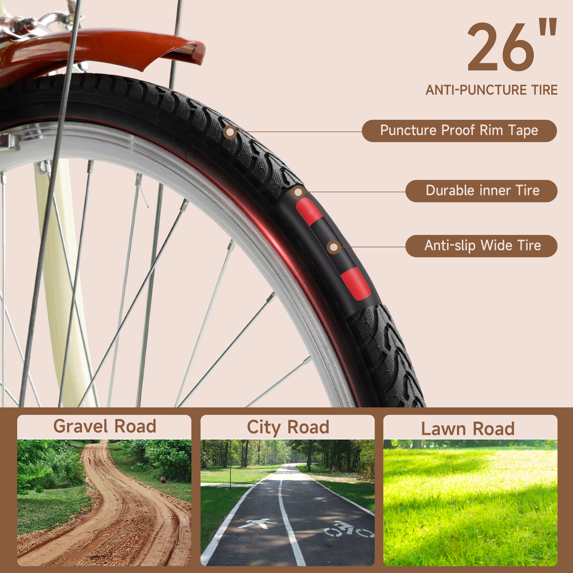 ARTUDATECH 26 Inch Beach Cruiser Bike for Women, 7 Speed Commute Bike for Adults, Women Bicycle with Adjustable Seat and Basket
