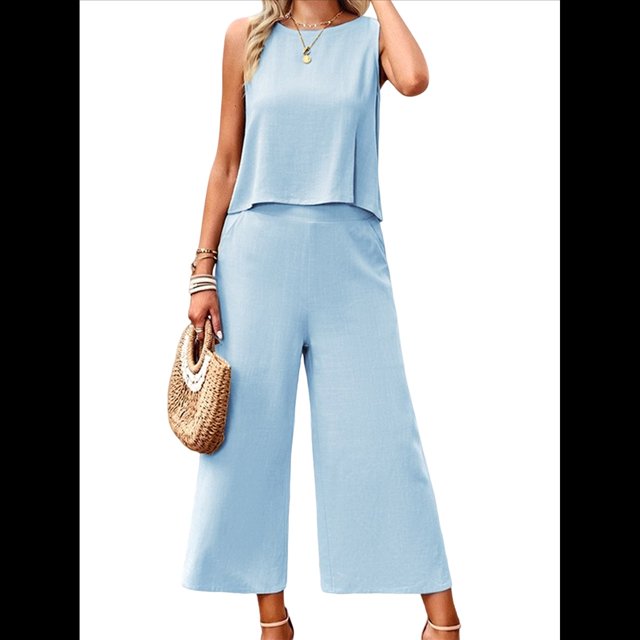 Conjunto de Dos Piezas de Verano para Mujer: Top Corto Sin Mangas con Cuello Redondo y Pantalones Anchos con Bolsillos. Azul S