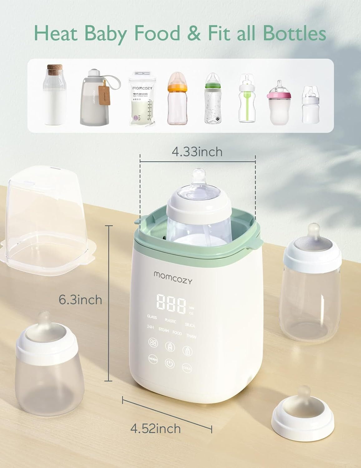 Momcozy Baby Bottle Warmer, 6-in-1 Baby Milk Warmer with Smart Temperature Control, Breastmilk Warmer, Fast Baby Food Heater, Steam Sterilizer