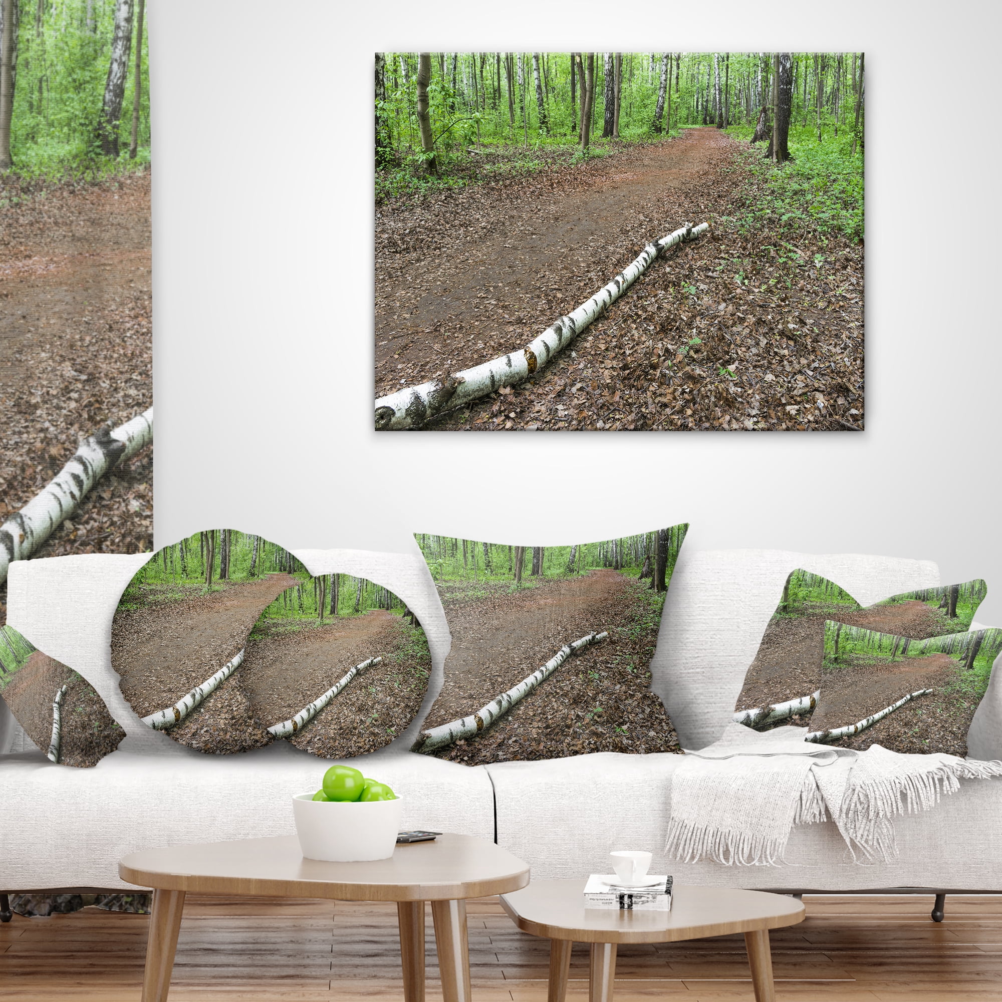 Designart Trunk of Birch on the Track - Contemporary Landscape Printed Throw Pillow - 18x18