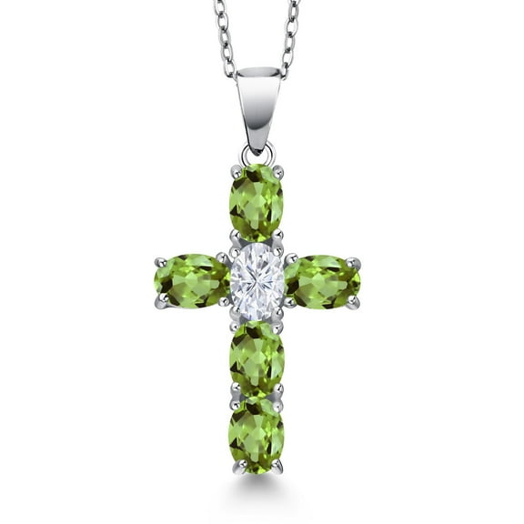 Gem Stone King 925 Sterling Silver Green Peridot and White Moissanite Cross Pendant Necklace for Women | 3.00 Cttw | Gemstone August Birthstone | Oval 6X4MM | With 18 inch Chain