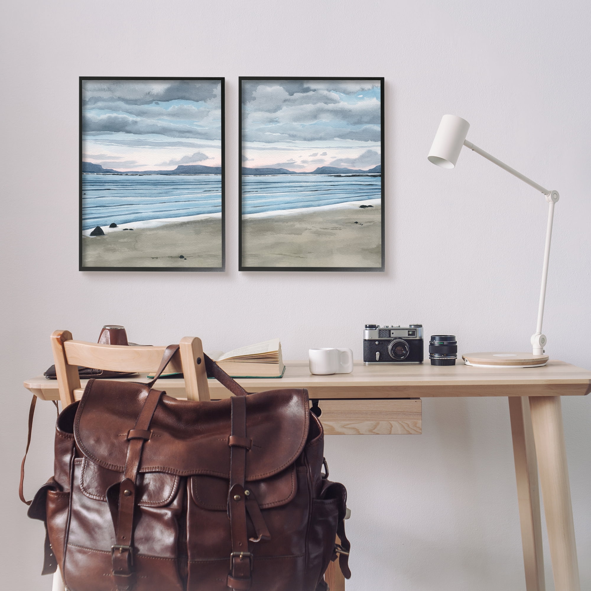 Stupell Cloudy Summer Beach Shore Watercolor Landscape Painting Black Framed Art Print Wall Art, Set of 2