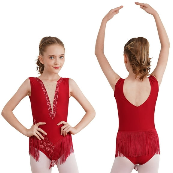 Aislor Kids Girls Sparkly Rhinestone Tassel Latin Skating Gymnastic Modern Jazz Ballroom Dance Leotard Burgundy 14