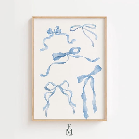 Blue Bow Wall Art, Coquette Room Decor, Girly Wall Art, Preppy,, Blue Nursery, Print Home Decor #136, Unframed Poster Size 8x12