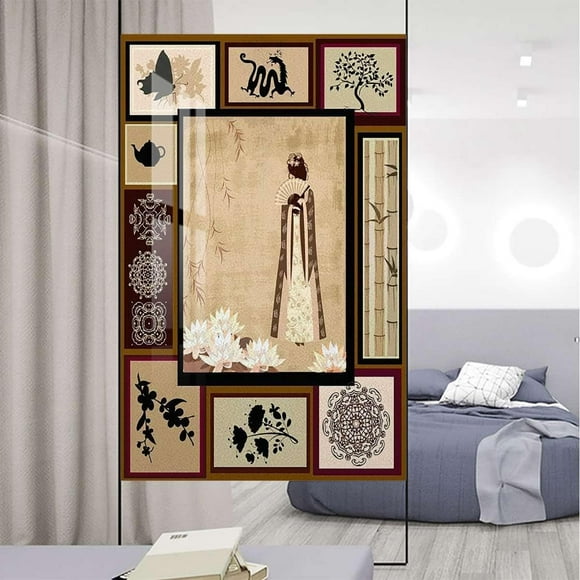 Brown Cream Frosting Privacy Film for Glass Windows Japanese Girl Traditional Window Privacy Film Frosted Glass Window Clings Colorful 23.6Wx59L-inch