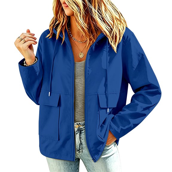 JUUNthy Womens Cargo Jacket, Windbreaker Hooded Full Zip-Up Lightweight Casual Outerwear with Pockets Blue L