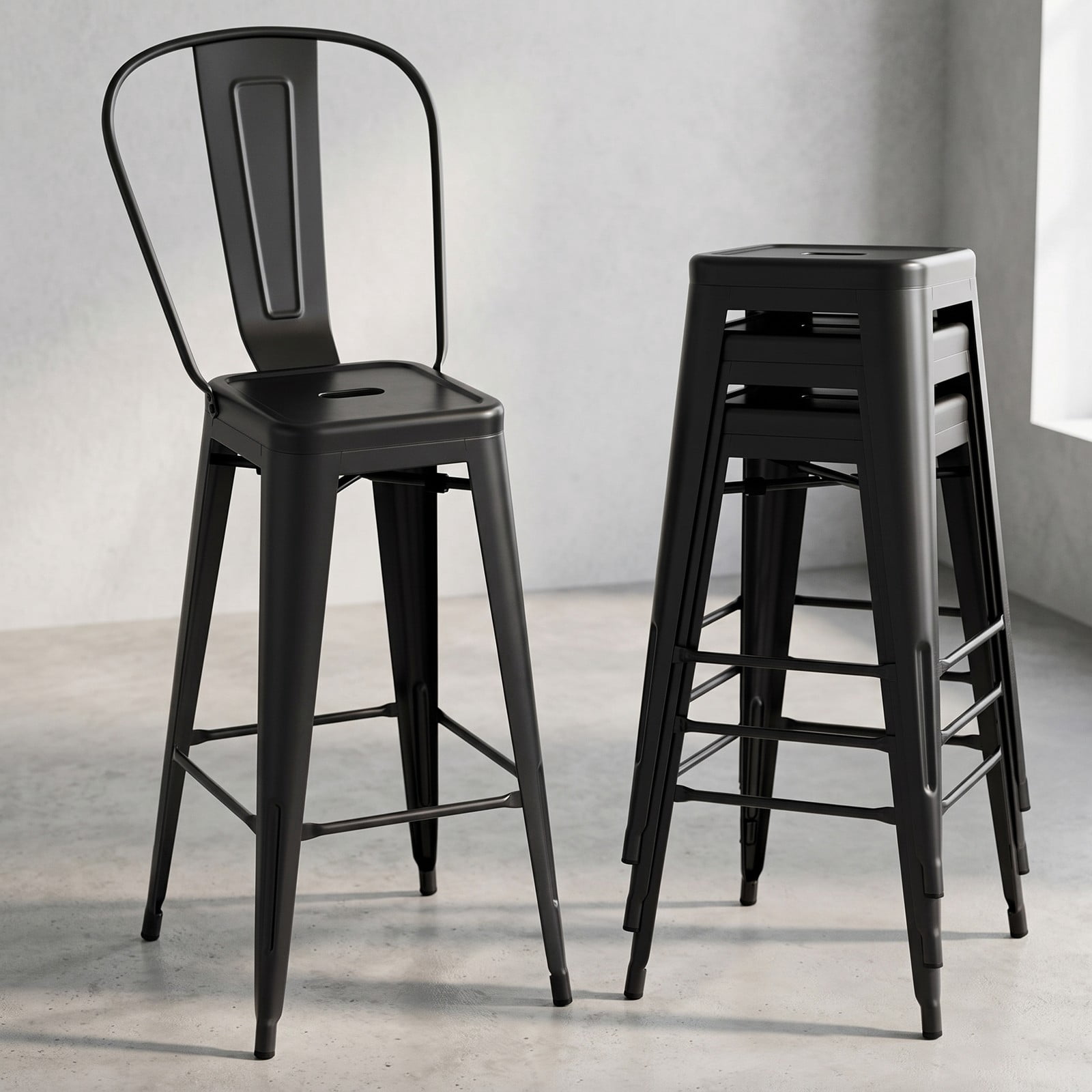 Furnibear Set of 4 Bar Height Stools, Stackable Metal Bar Stools with Removable Backrest, 30 Inch Counter Kitchen Pub Dining Chairs, 330 lbs Capacity, Black