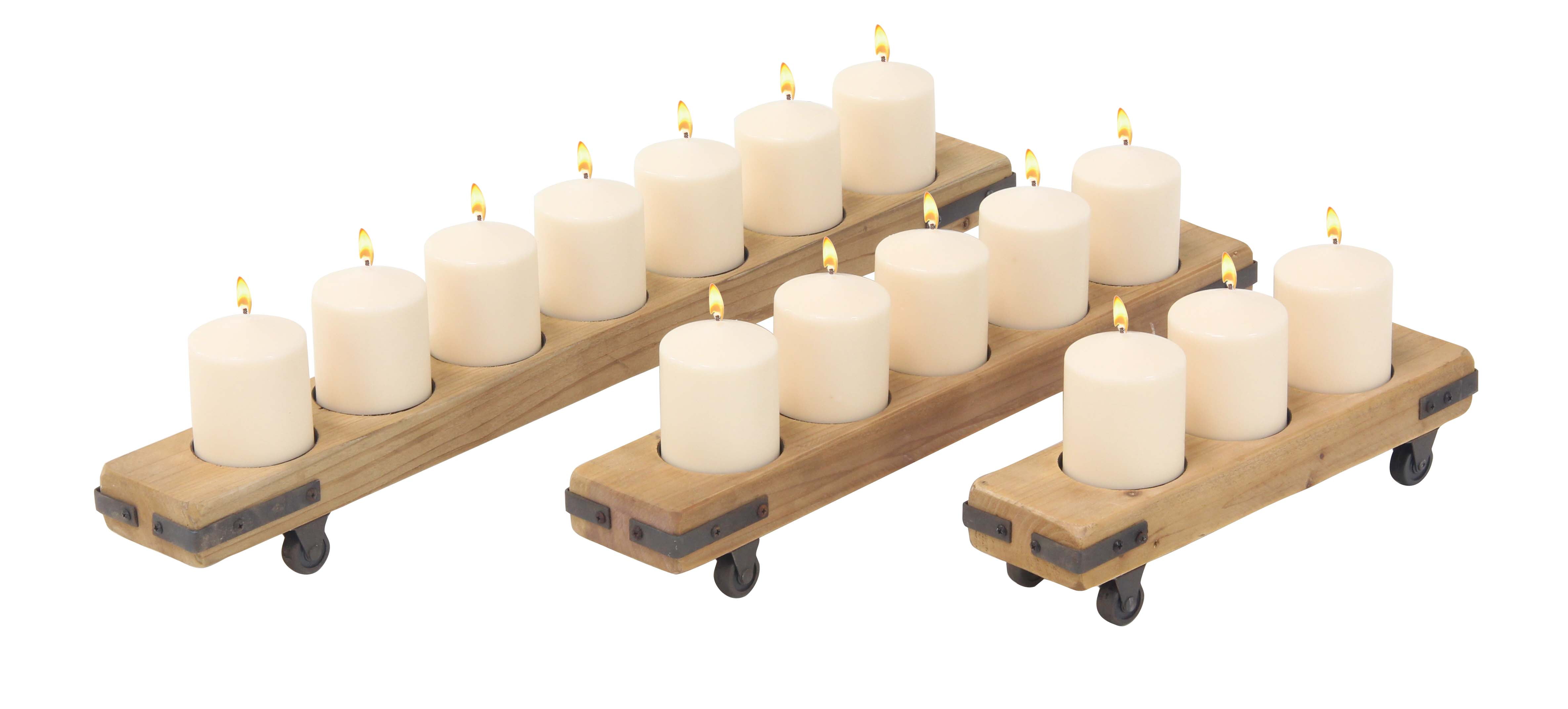 Decmode Set of 3 Rustic Fir Wood and Iron Bar Candle Holders On Casters