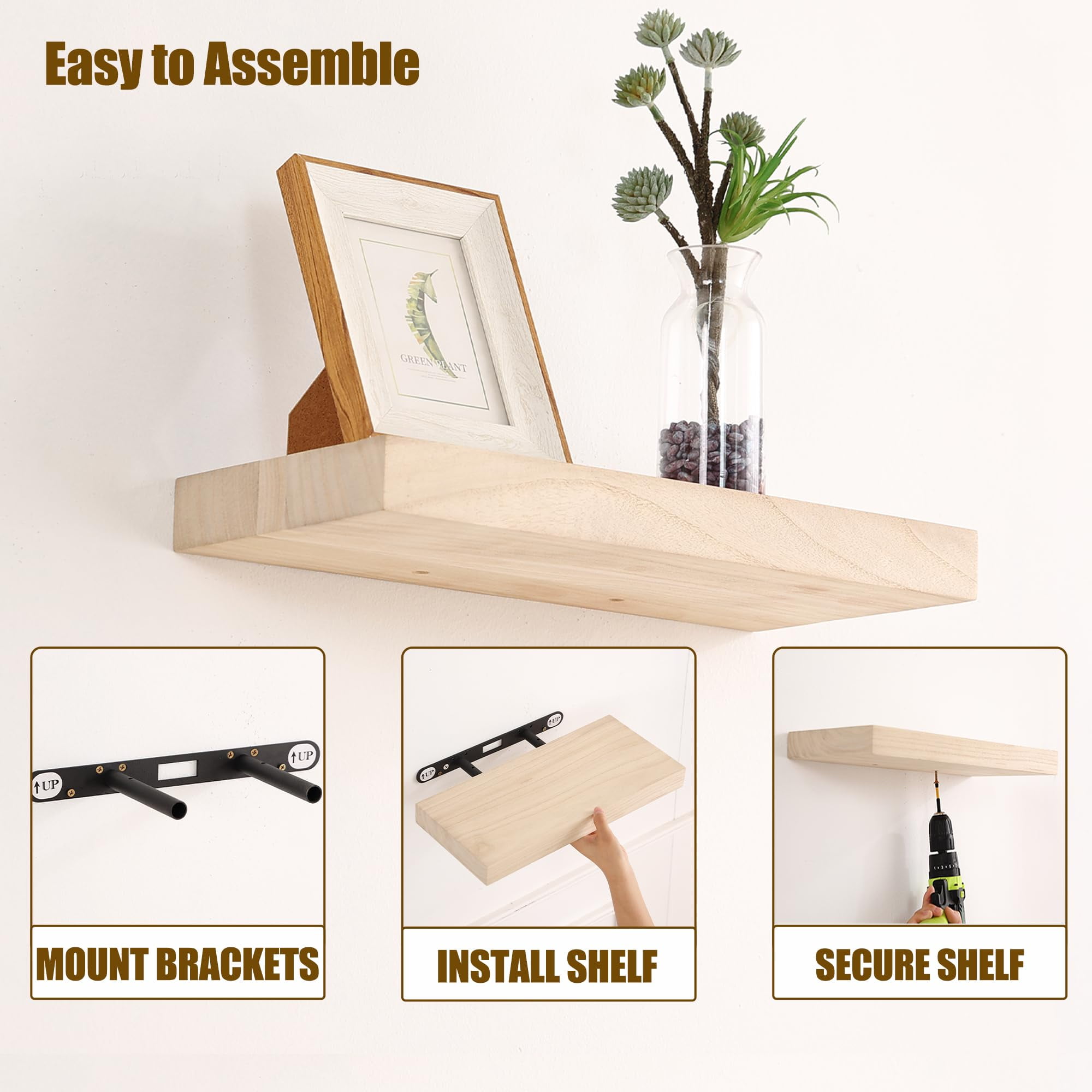 Floating Shelves for Wall Set of 3-Rustic Brown Solid Wood Wall Mounted Shelves,16" Long x 7" Deep x 1.6" Thick,Heavy Duty Shelving for Bedroom, Living Room, Kitchen, Bathroom (16inch)