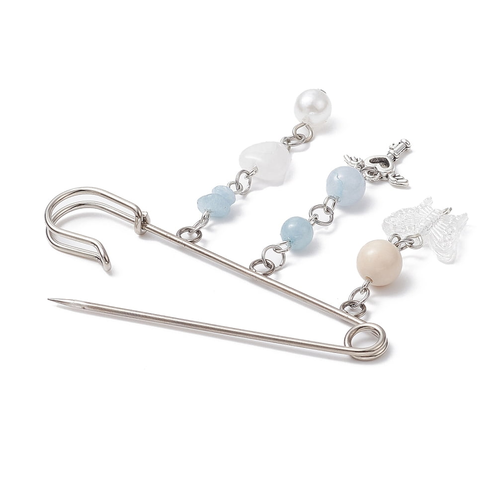 Natural Mixed Gemstone & Butterfly Charms Safety Pin Brooch Alloy Lapel Pin for Sweater Clasp Pants Waist Extender Platinum 67x76x5mm