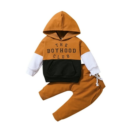 

Diconna Toddler Boys Autumn 2Pcs Outfit Sets Long Sleeve Letter Print Patchwork Hoodie + Solid Color Drawstring Pants Caramel 0-6 Months